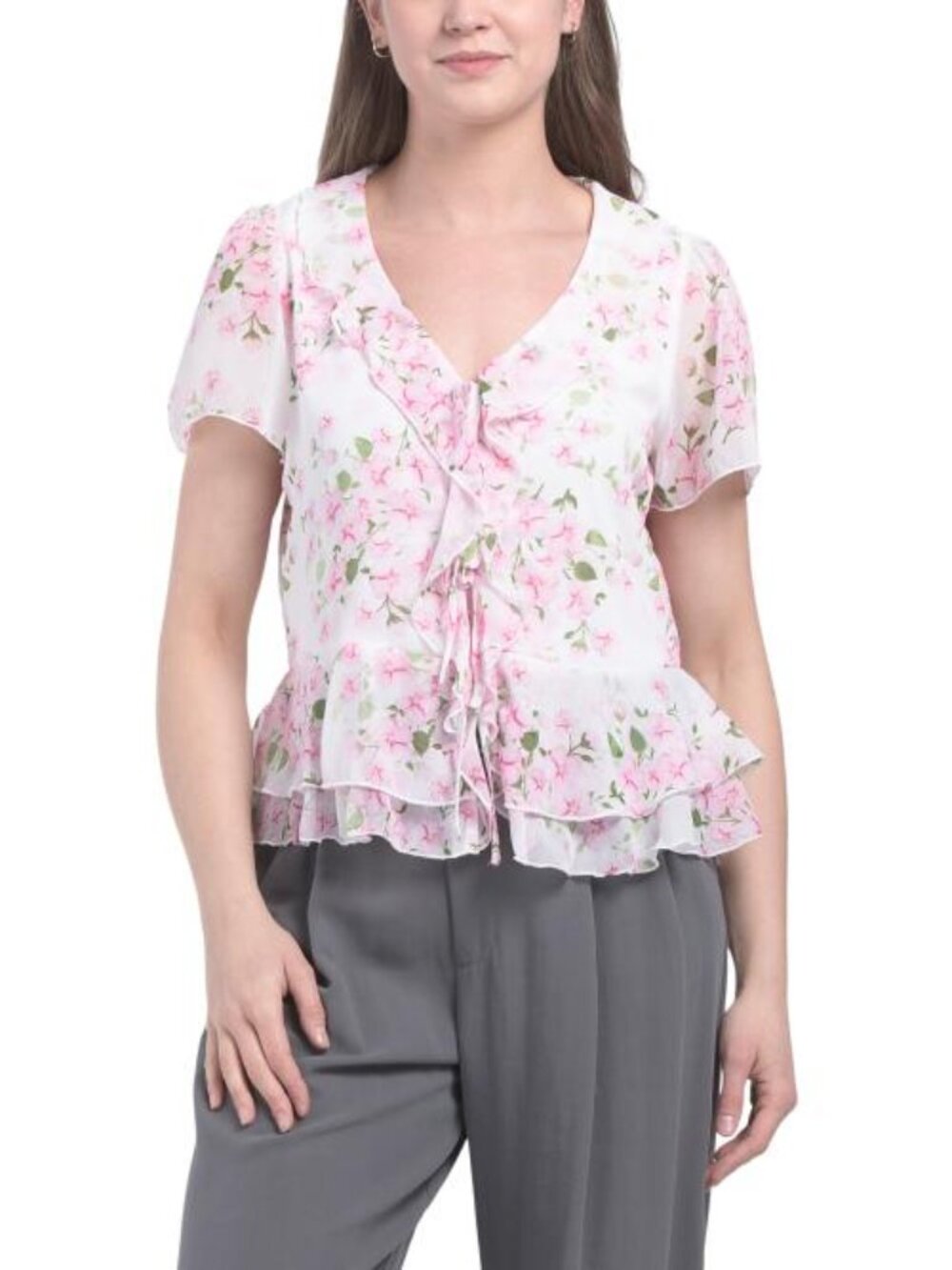 HAVER + BLAIR Yoryu Floral Short Sleeve Ruffled Tiered Peplum Top